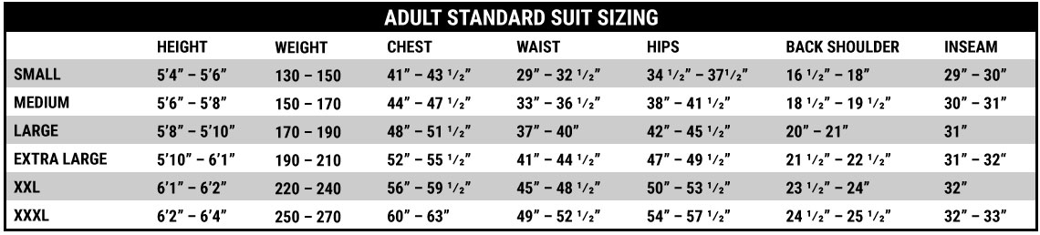 Standard Suit Size Chart